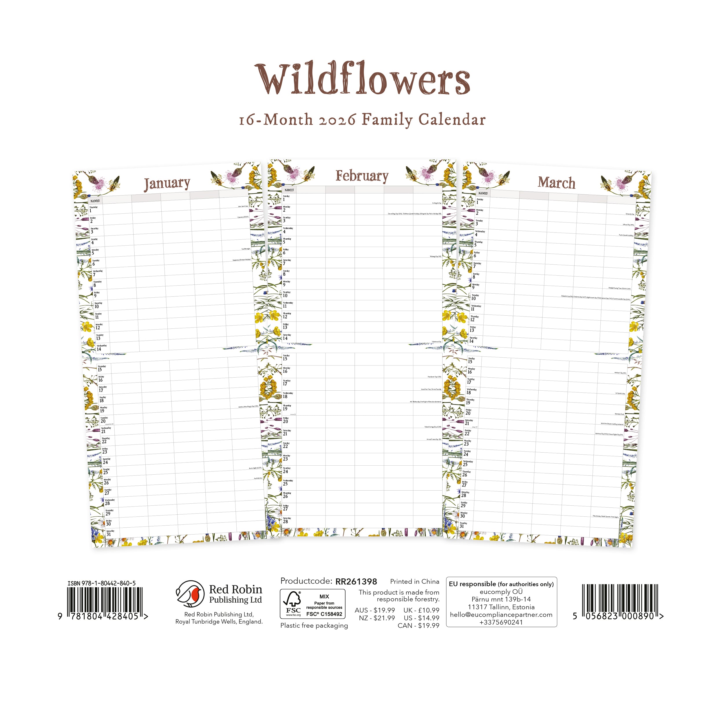 Wildflowers Illustrated Family Organiser - 2026 Square Wall Calendar