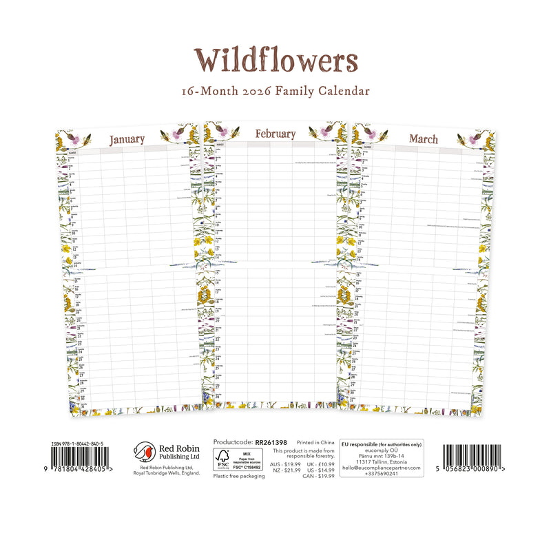 Wildflowers Illustrated Family Organiser - 2026 Square Wall Calendar