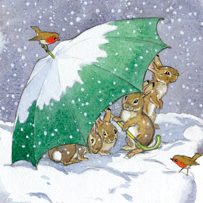 Rabbits Sheltering Under Umbrella Pack of 8 Christmas Cards