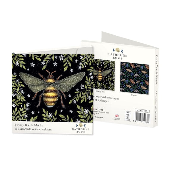 Catherine Rowe - Honey Bee & Moths Square Set of 8 Art Notecards Wallet