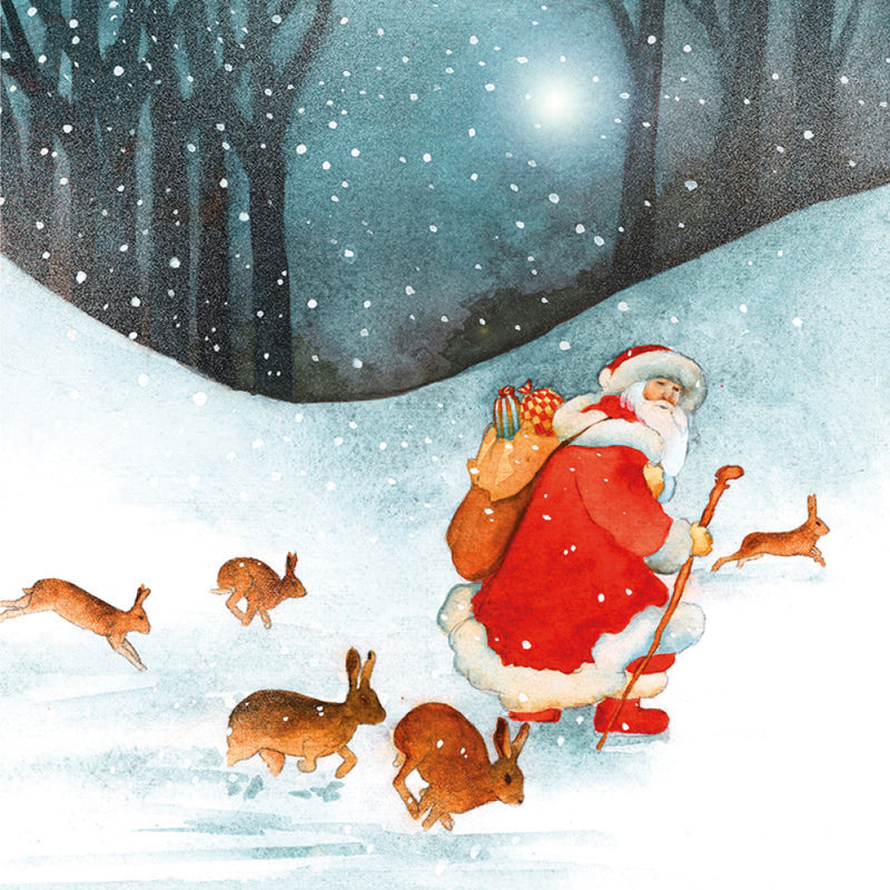 Father Christmas and Hares by Ray Shuell Pack of 8 Charity Christmas Cards