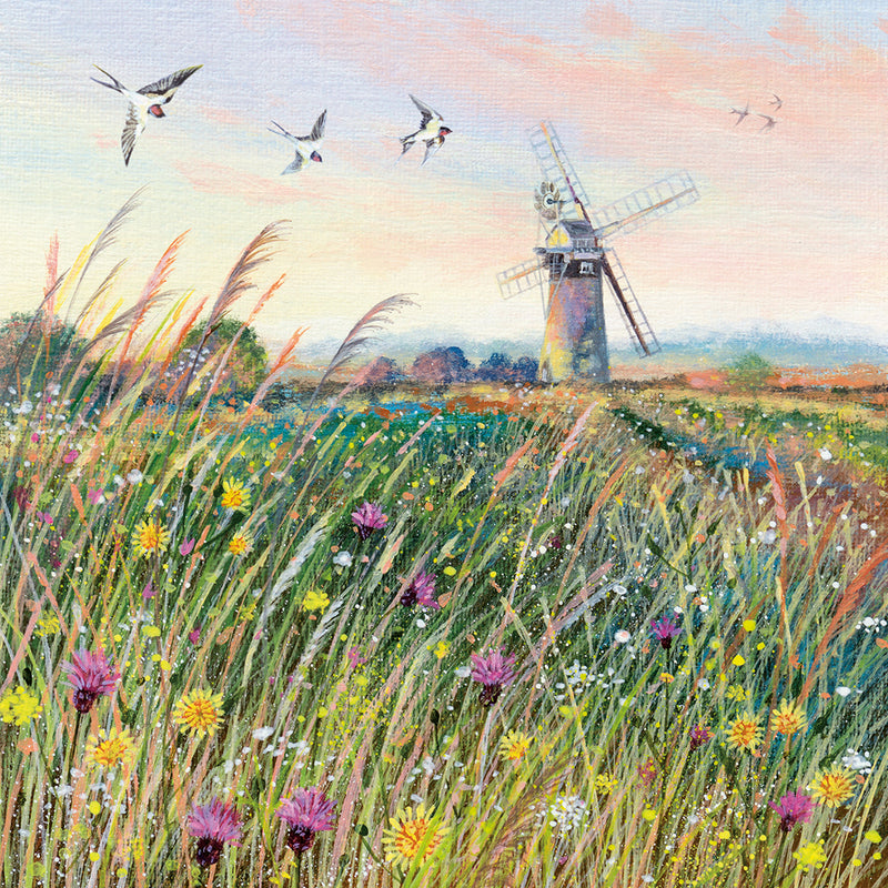 Coast and Country - Windmill and Swallows Blank Greeting Card with Envelope